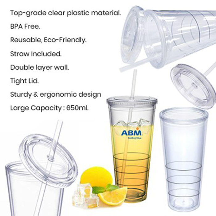 Acrylic Double Layer Tumbler With Straw - 650ml