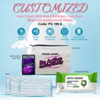 CUSTOMIZED Care Pouch With Hand Sanitizer, 3 ply Face Mask and Antibacterial Wipes             