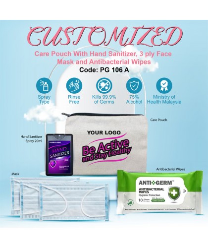 CUSTOMIZED Care Pouch With Hand Sanitizer, 3 ply Face Mask and Antibacterial Wipes             