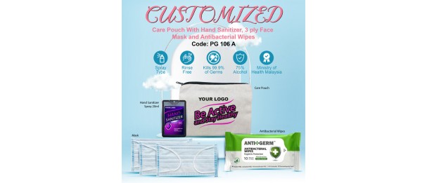 CUSTOMIZED Care Pouch With Hand Sanitizer, 3 ply Face Mask and Antibacterial Wipes             