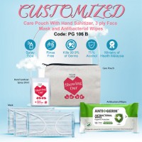 CUSTOMIZED Care Pouch With Hand Sanitizer, 3 ply Face Mask and Antibacterial Wipes             