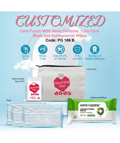 CUSTOMIZED Care Pouch With Hand Sanitizer, 3 ply Face Mask and Antibacterial Wipes             