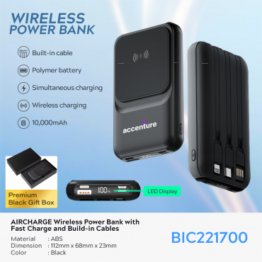 AIRCHARGE Wireless Power Bank with Fast Charge and Build-in Cables 